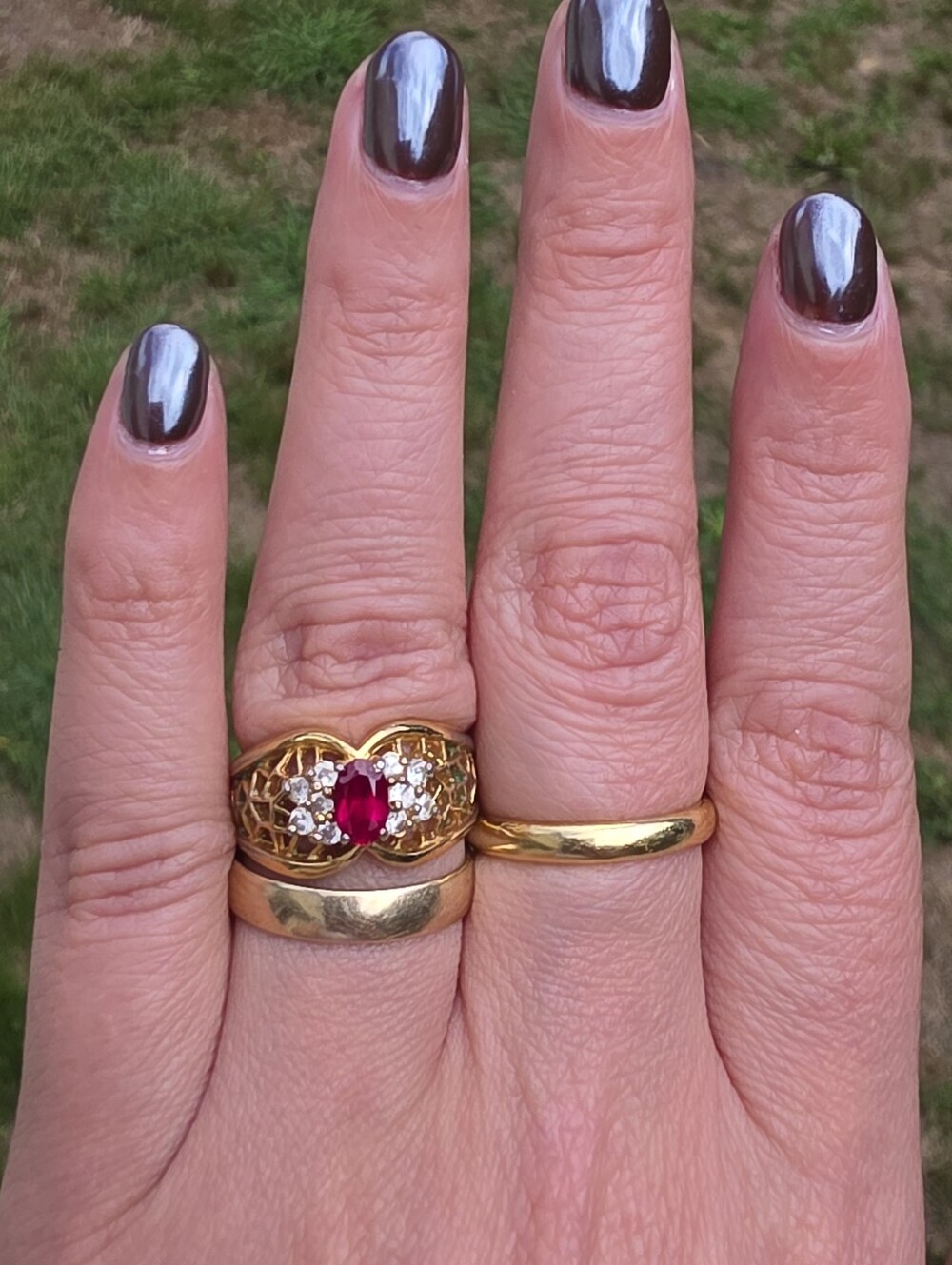 Vintage Gold Plated Ring with Red Ruby Center and White Accent Stones